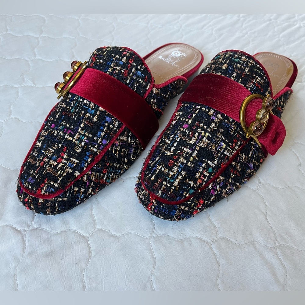 Rara Avis Lonnie Tweed Loafer Mule Garnet Red 7.5 NWOT